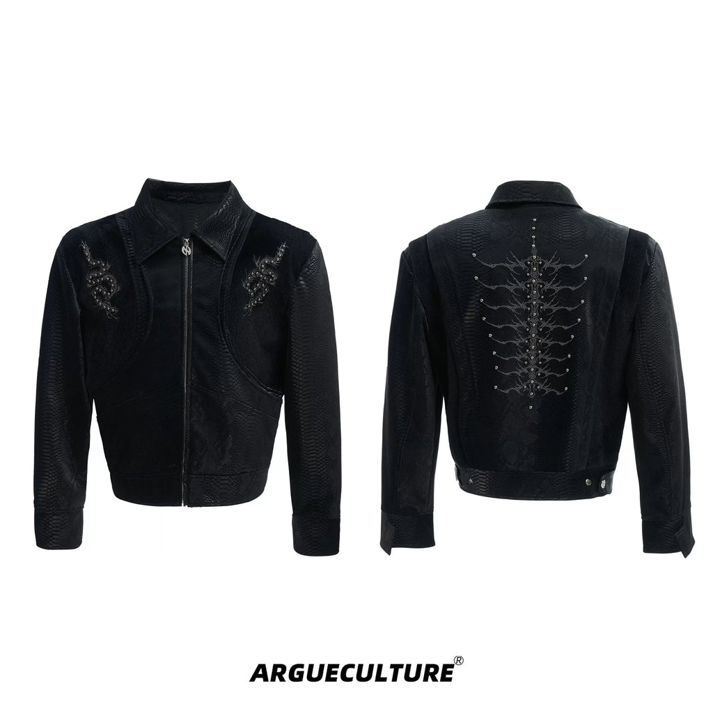 ArguECulturE Snakeskin Stitching Embroidered Slim-fit Leather Jacket