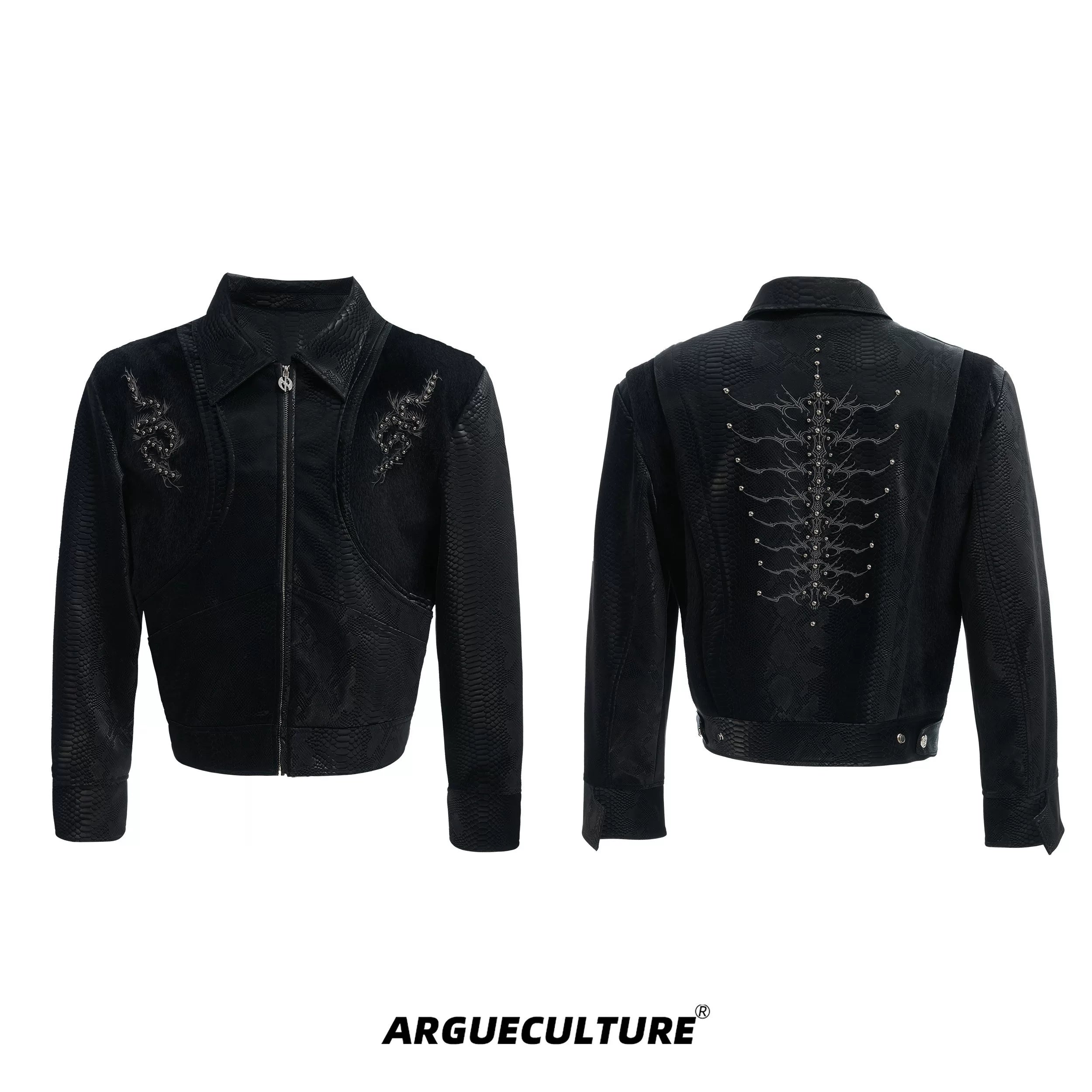 ArguECulturE Snakeskin Stitching Embroidered Slim-fit Leather Jacket