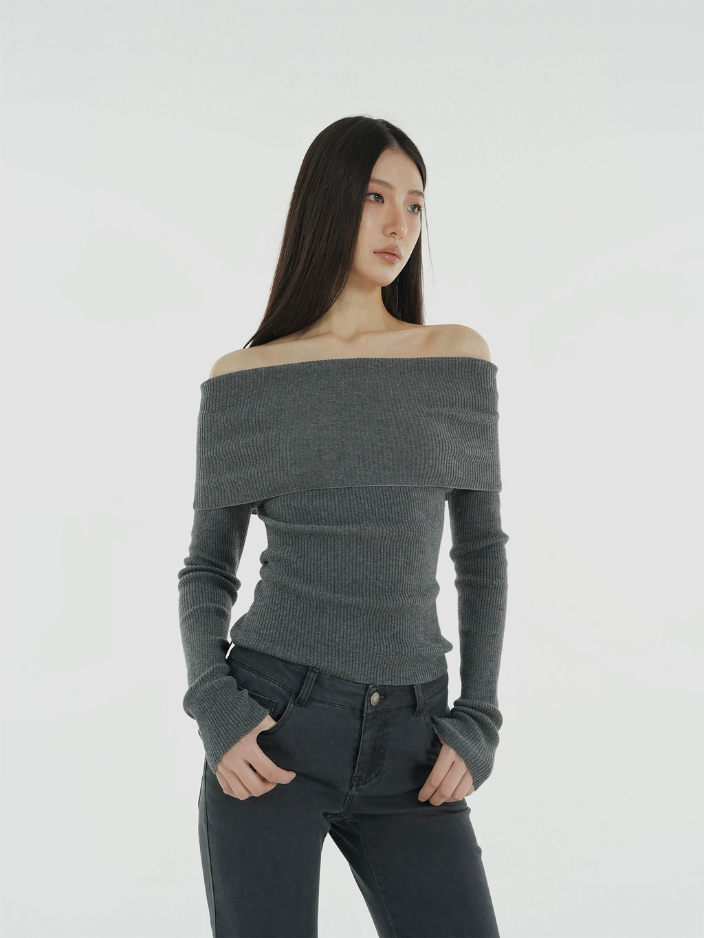 Jim Kennet Shoulder Knit Slim Long Sleeve Bottom Top