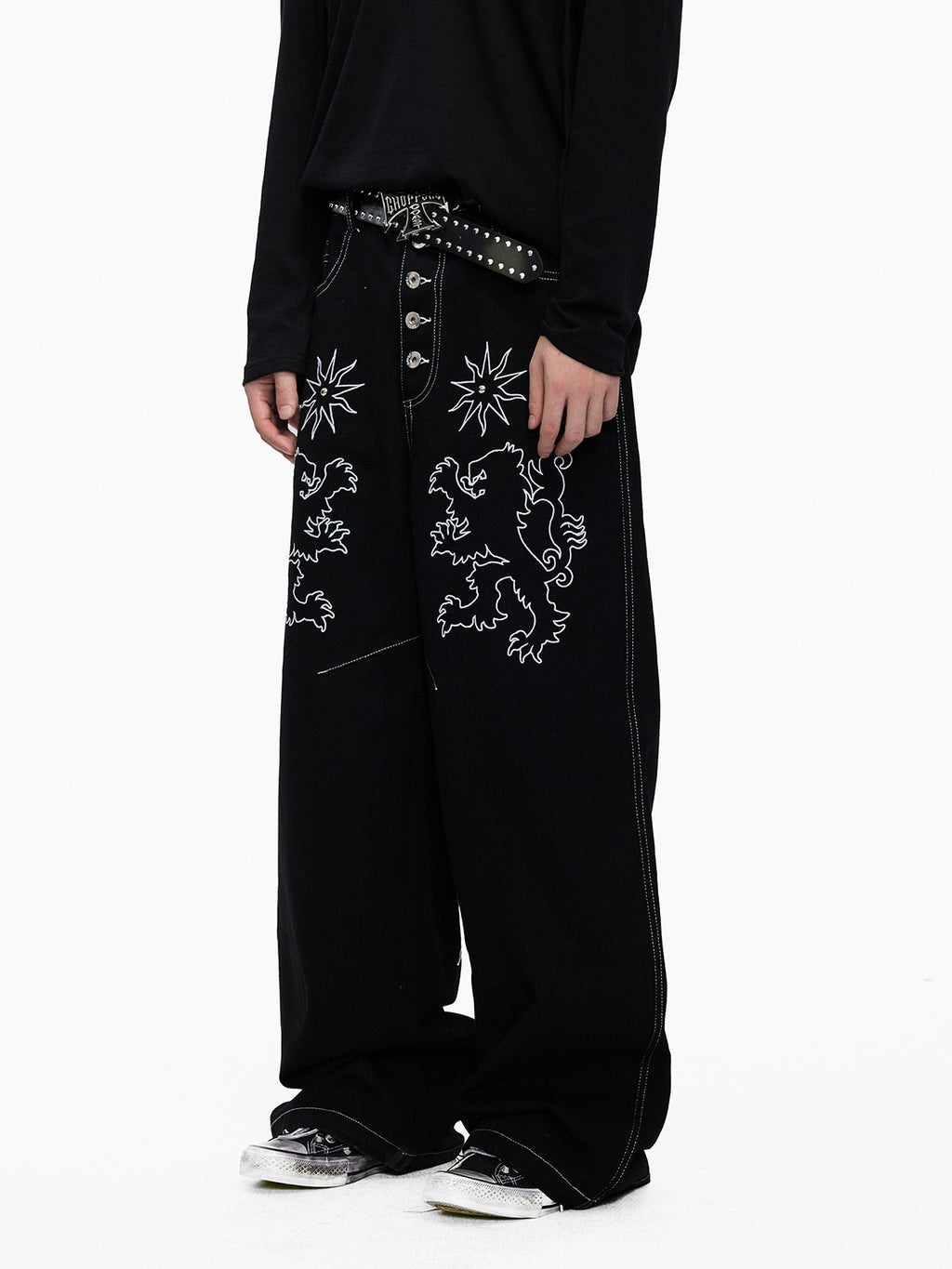 Lightinus Embroidered Breasted Wide-leg Jeans