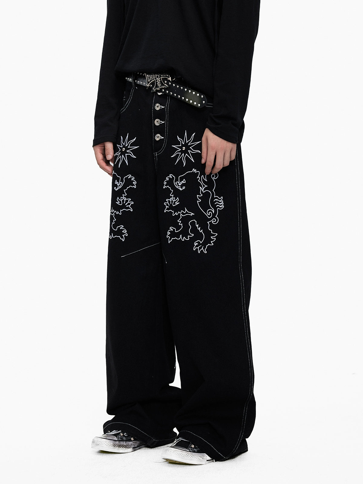 Lightinus Embroidered Breasted Wide-leg Jeans