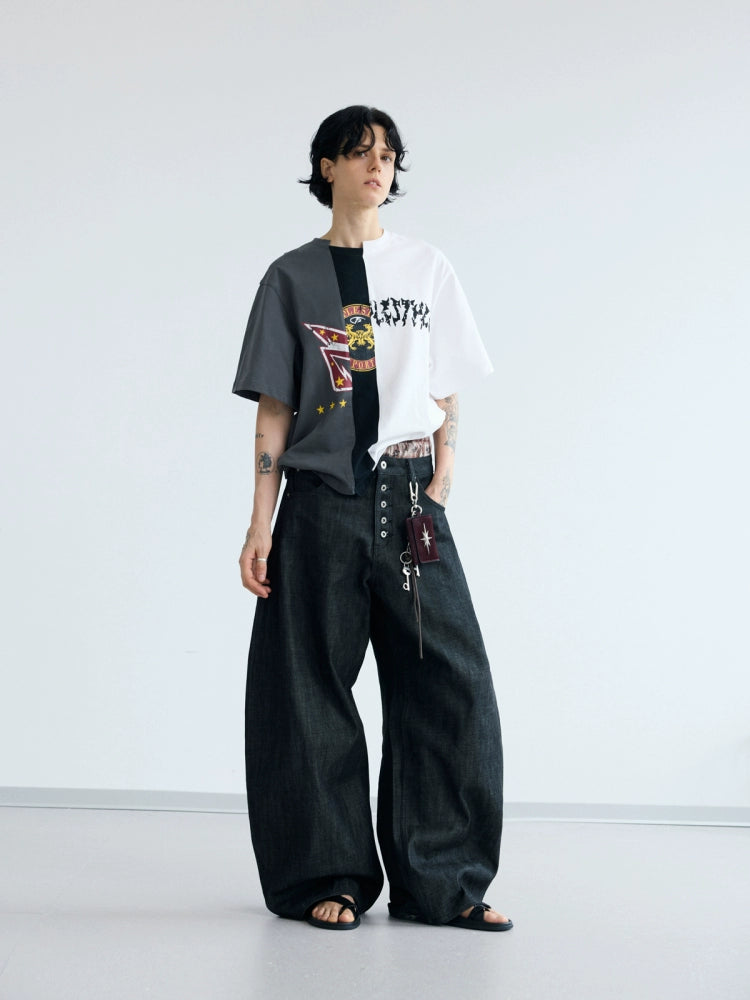 PEOPLESENSE Vintage Irregular Contrast Splicing Printed Tee