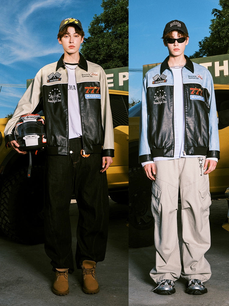 MATCHA STORY Locomotive Wind Embroidered Pu Leather Jacket