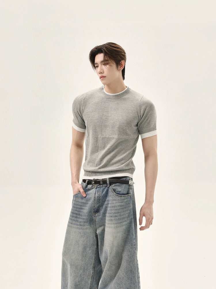 TURNTIDE Fake Two Piece Knitted Slim Tee