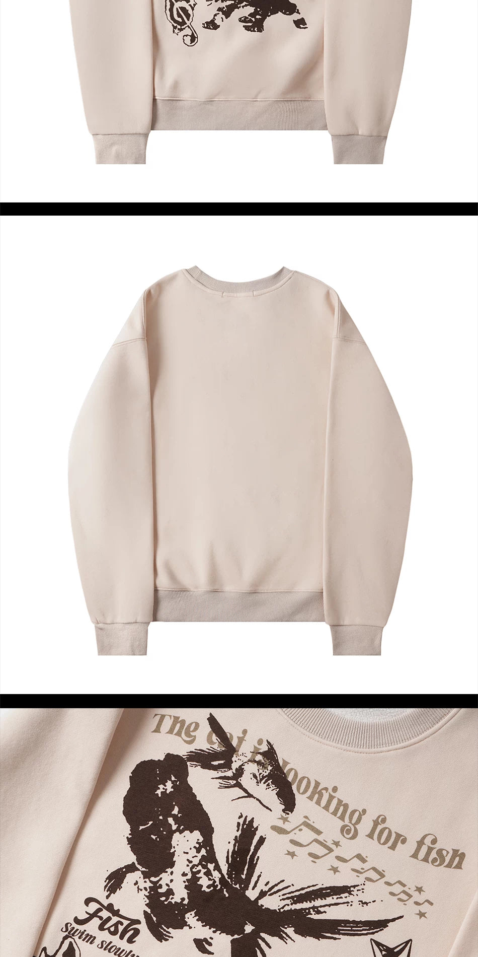Zuocisankon Retro Cat Print Crew Neck Fleece Sweater