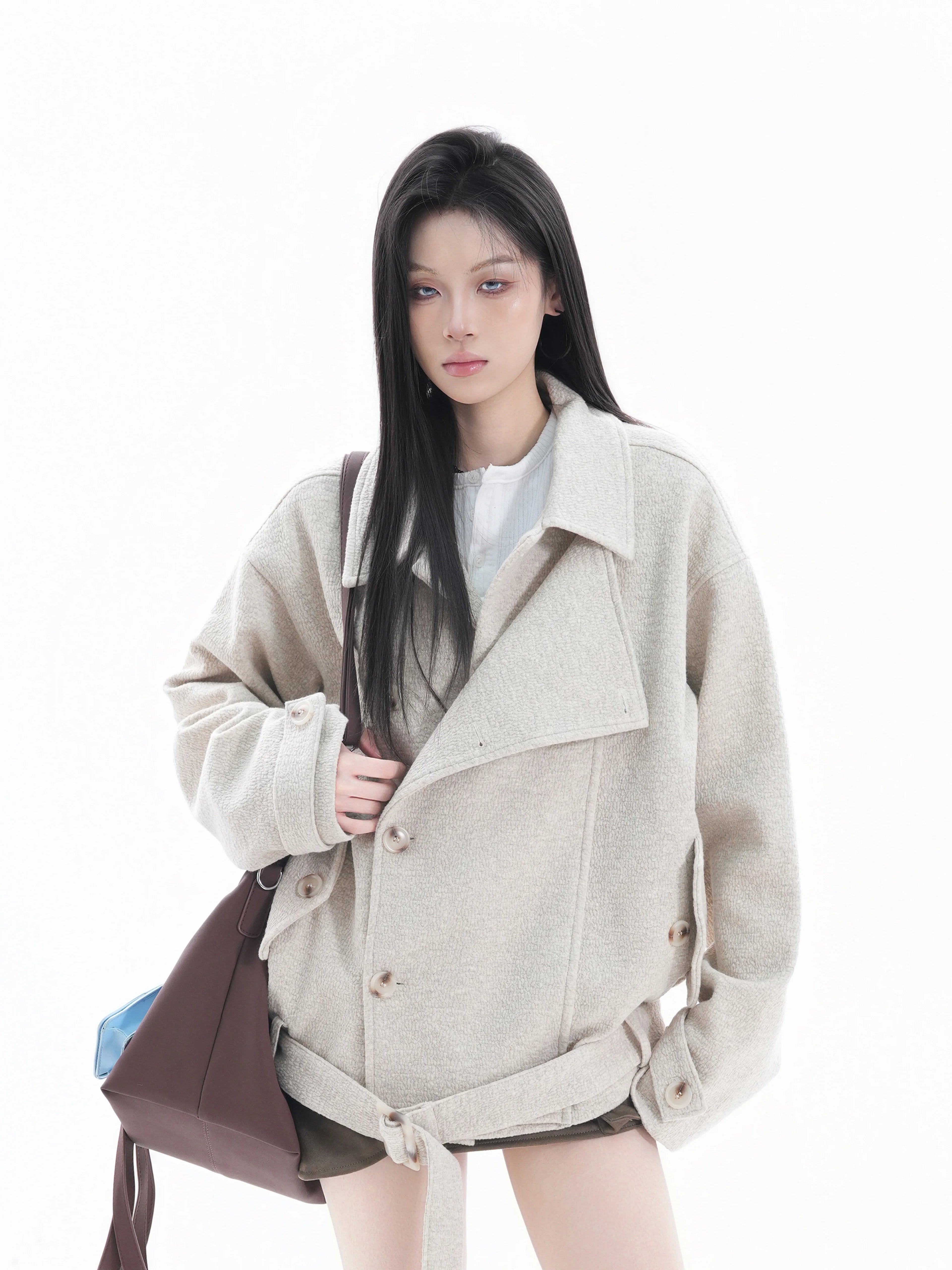 Zuocisankon Mitre-breasted Waist Strap Woolen Jacket