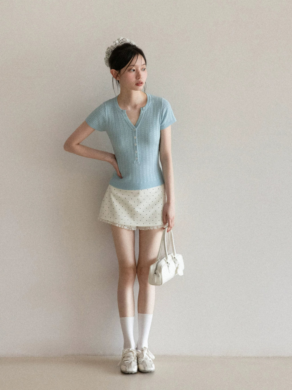 Cantonstory V-neck Slim-fit Knit Tee High-waisted Polka Dot Lace Midi Skirt Set