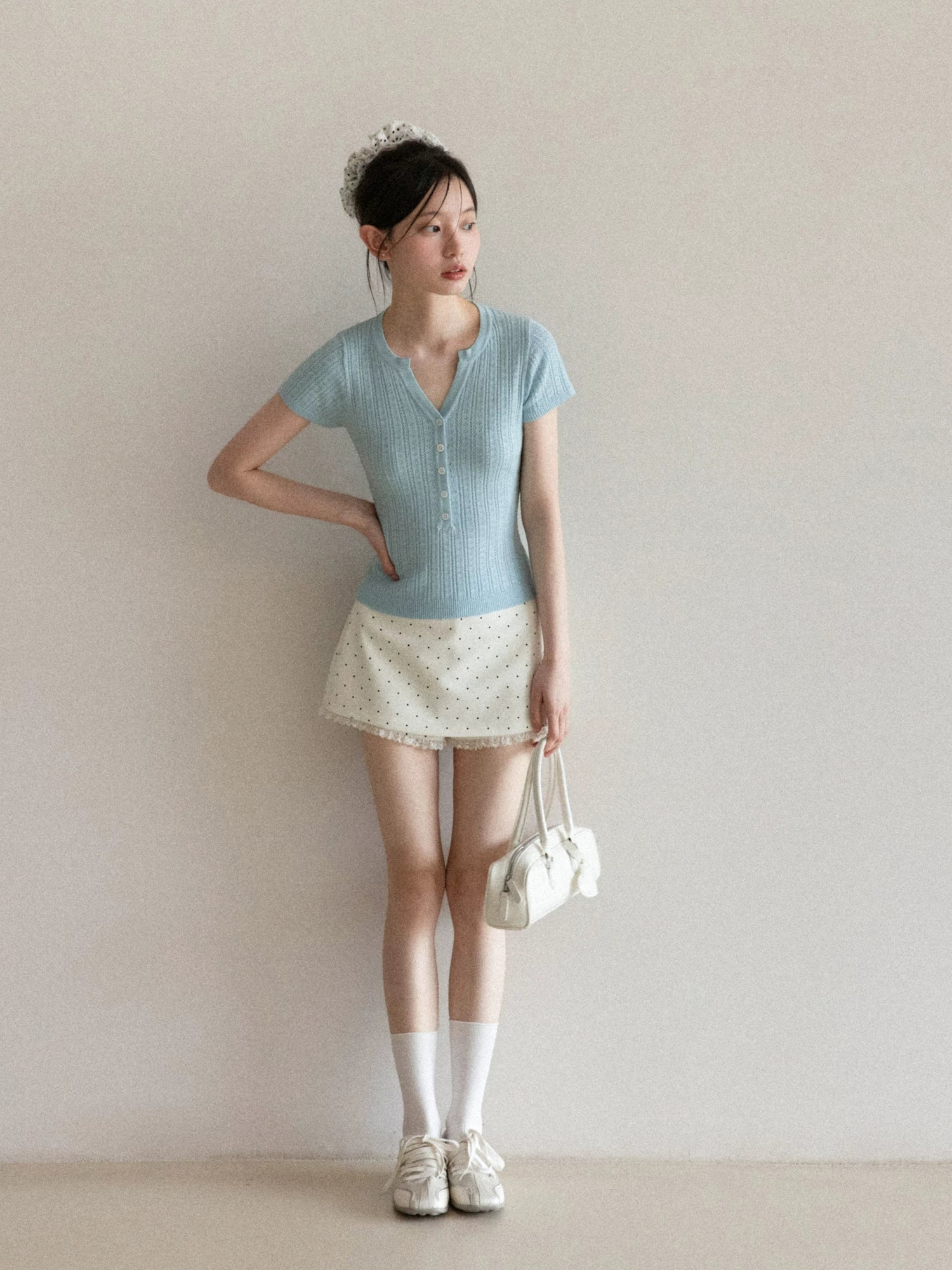 Cantonstory V-neck Slim-fit Knit Tee High-waisted Polka Dot Lace Midi Skirt Set