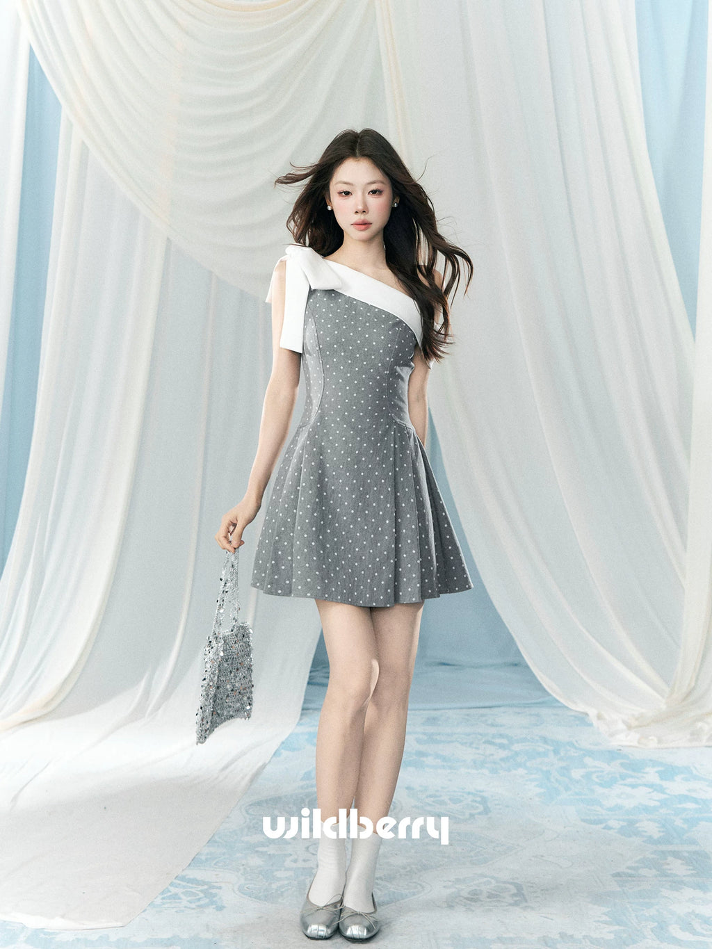 Wildberry Slanted Shoulder Polka Dot Dress