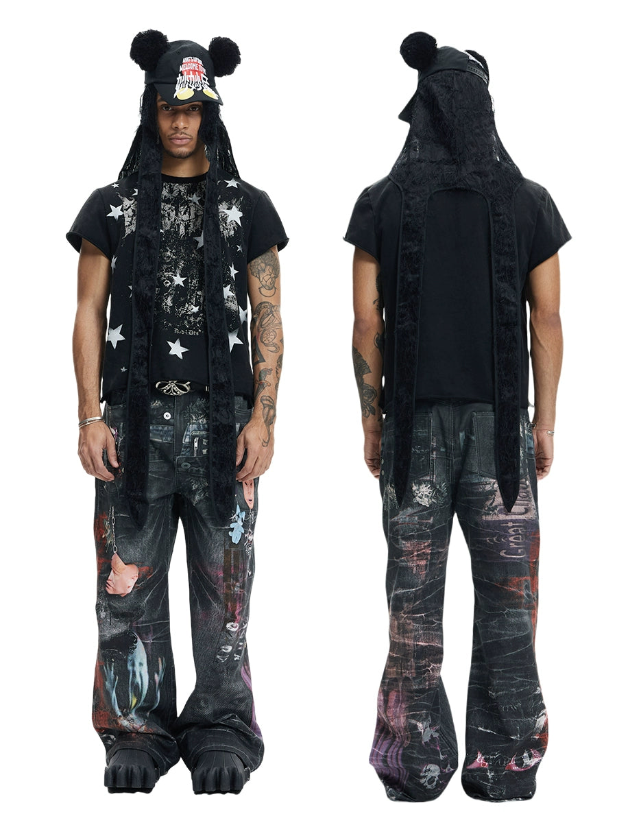 DND4DES Dark Wind Cartoon Printed Straight Jeans