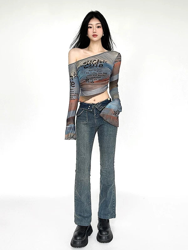 FUNOFF Smudged Letter Print Slanted Shoulder Mesh Blouse