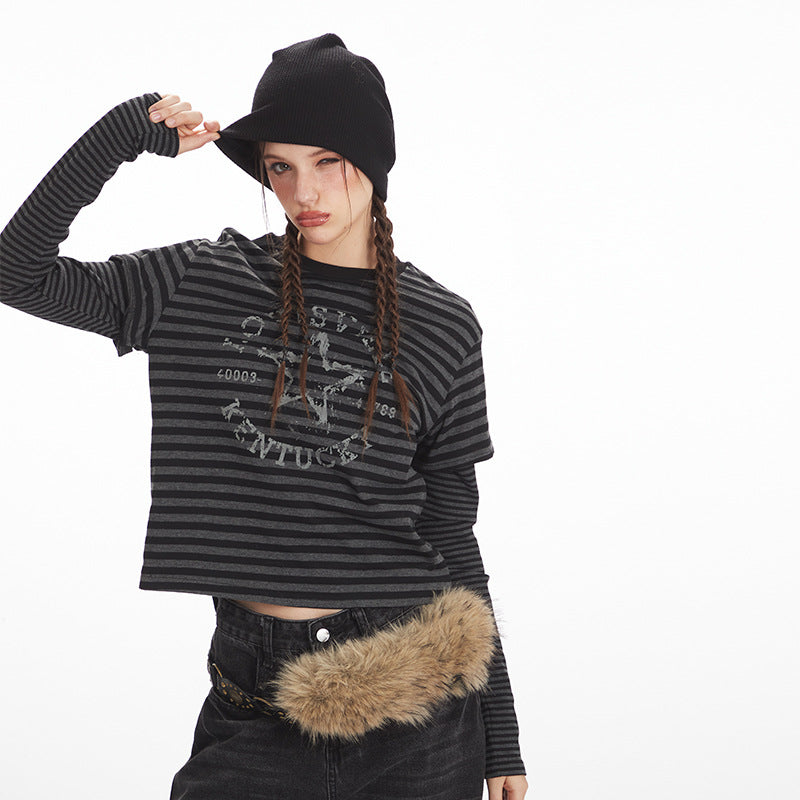 Nariele Vintage Striped Fake Two Piece Short Long Sleeve