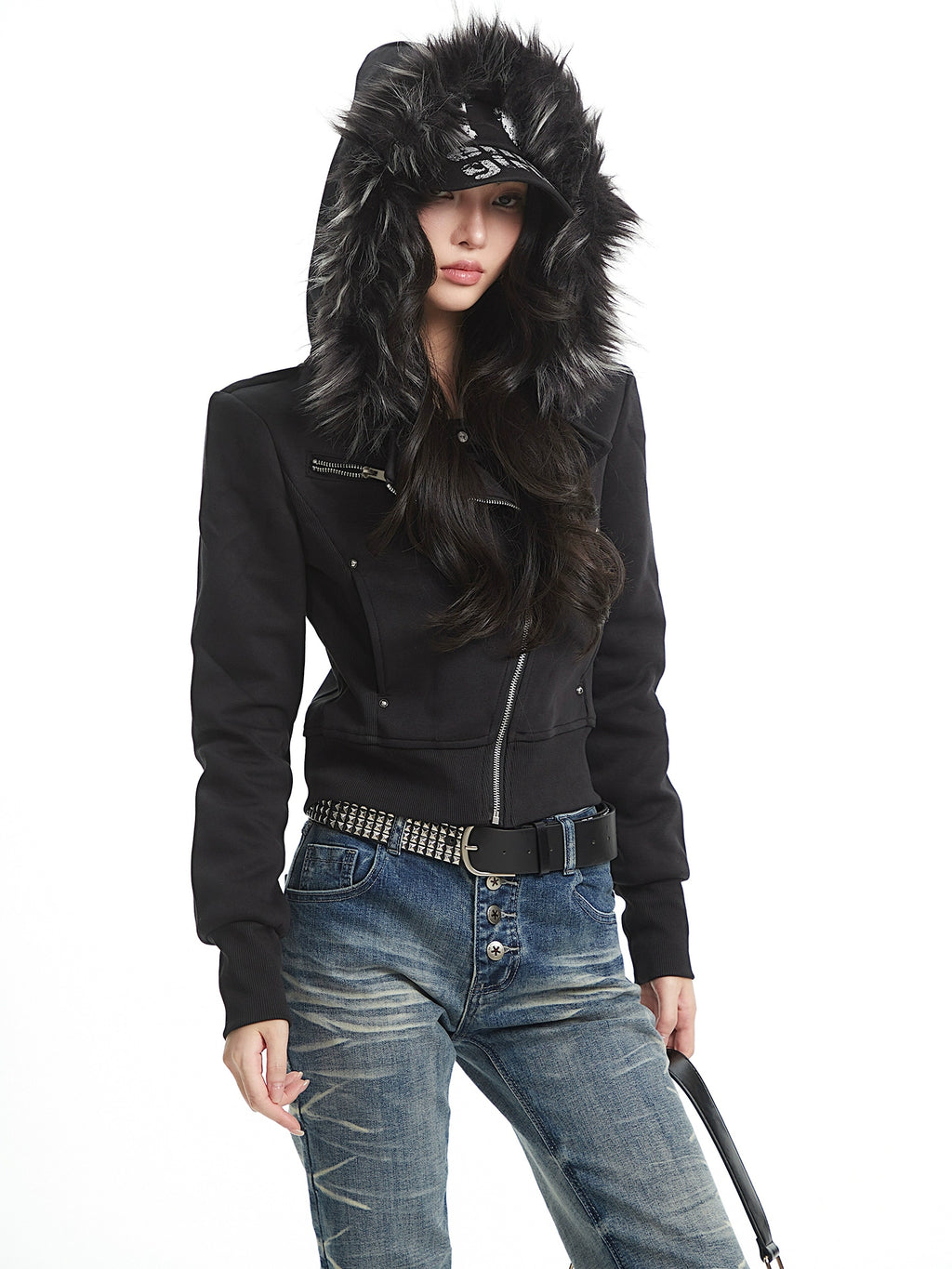 UNCMHISEX Fur Collar Hooded Sweater Jacket