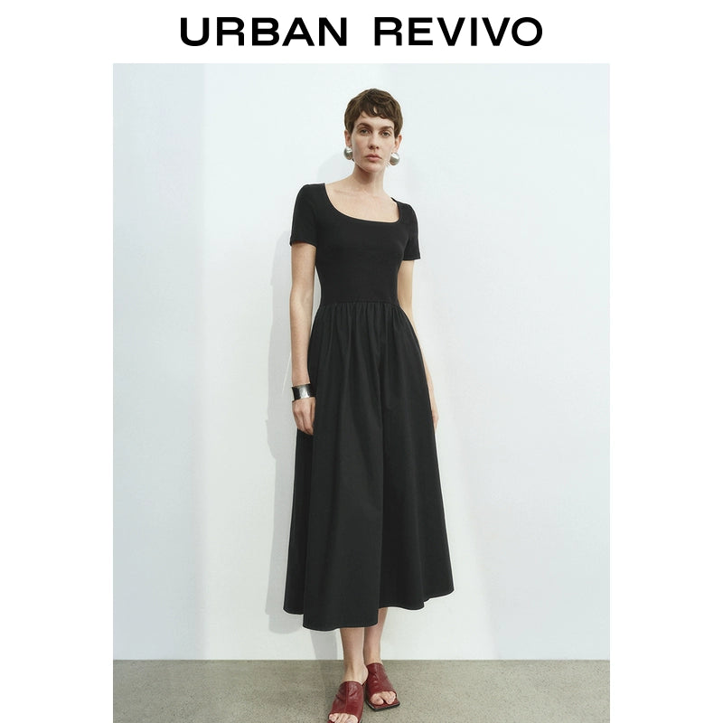 URBAN REVIVO Simple Stitching Slim-fitting Short-sleeved Dress