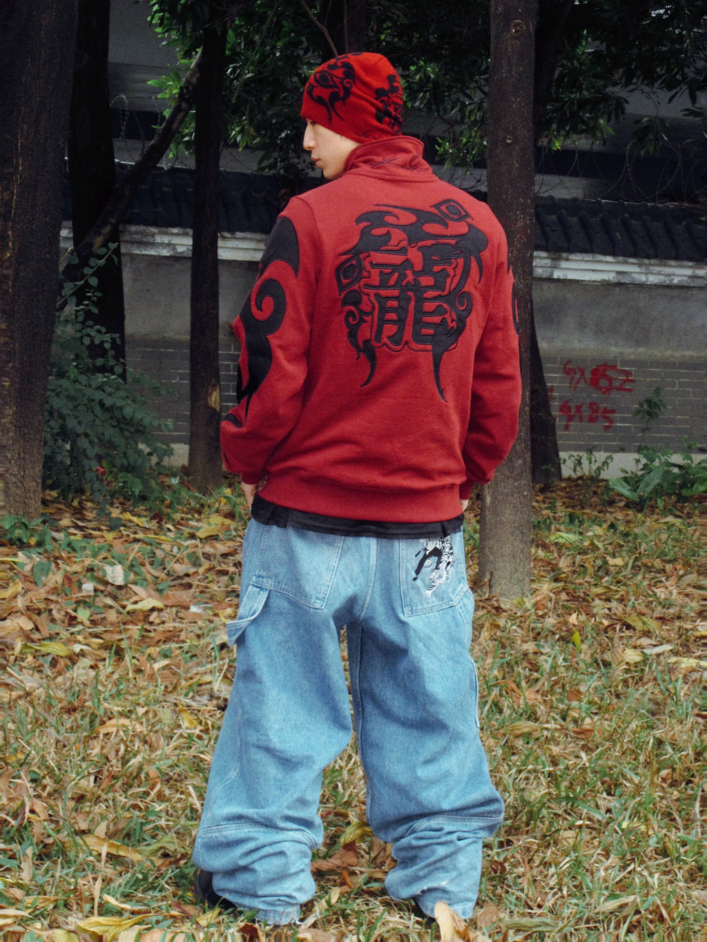 Game One 25FW "Red Dragon" Totem Embroidery Heavy Zip Sweater Jacket