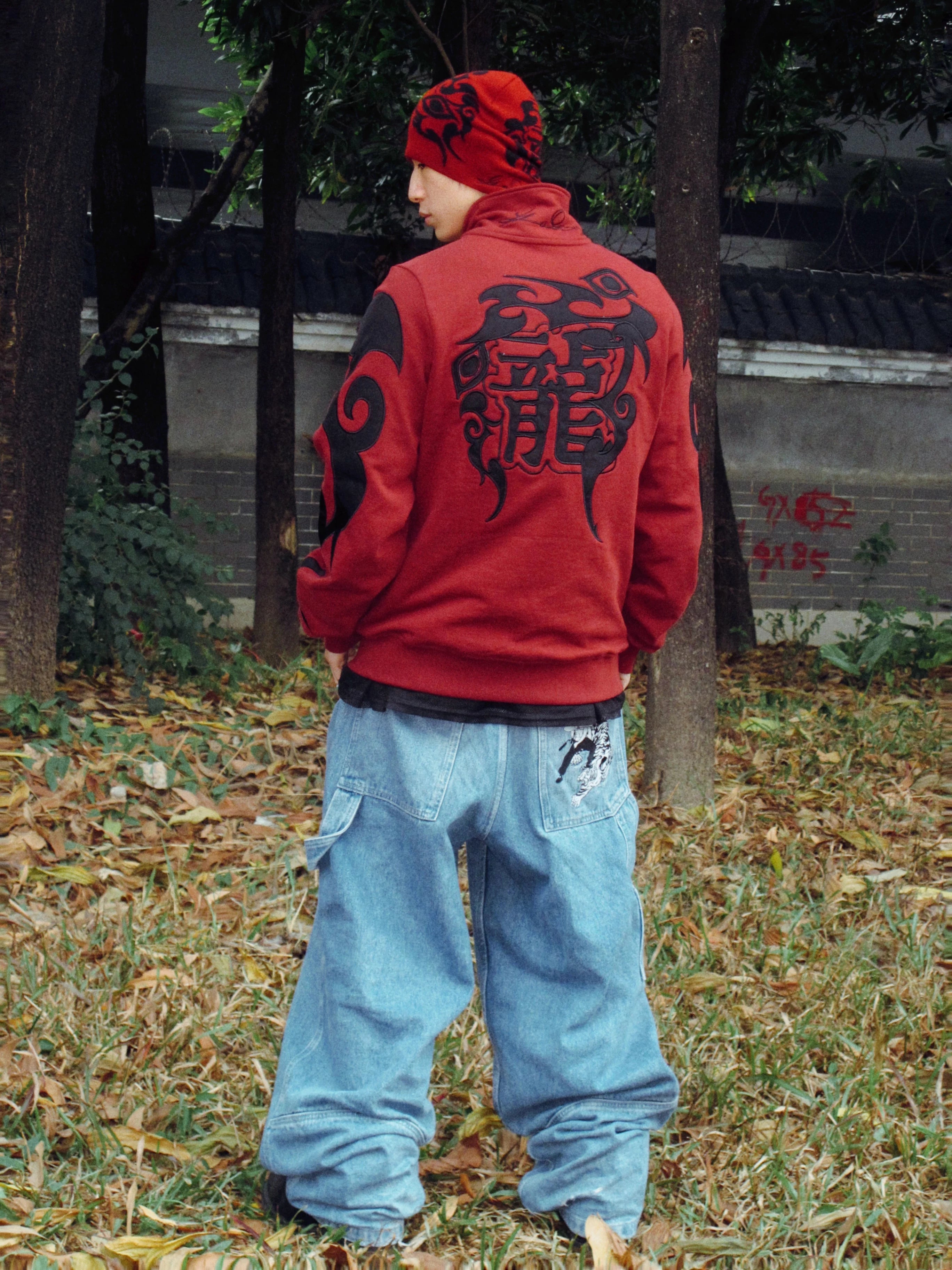 Game One 25FW "Red Dragon" Totem Embroidery Heavy Zip Sweater Jacket