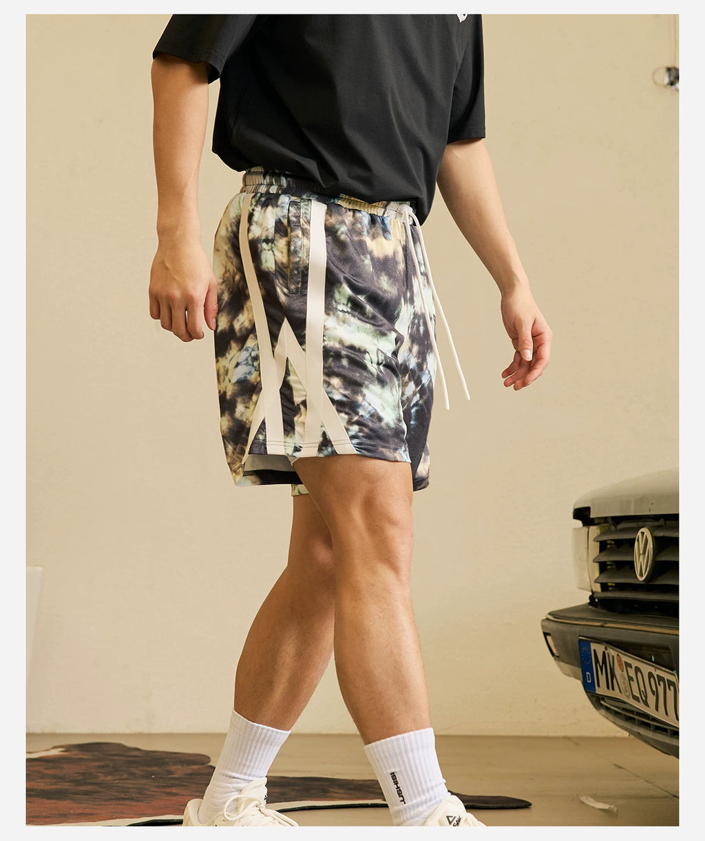 LUSHISI Stitching Drawstring Sports Shorts