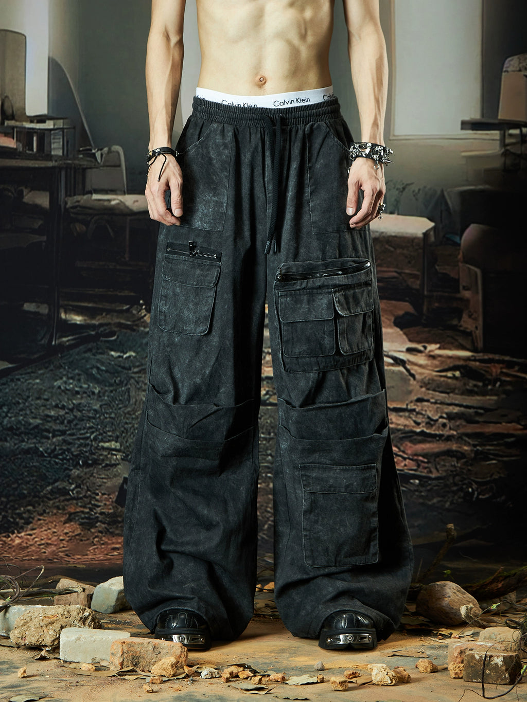 NOMANIAI Dirty Dye Washing Water Multi-pocket Tooling Loose Straight-leg Pants