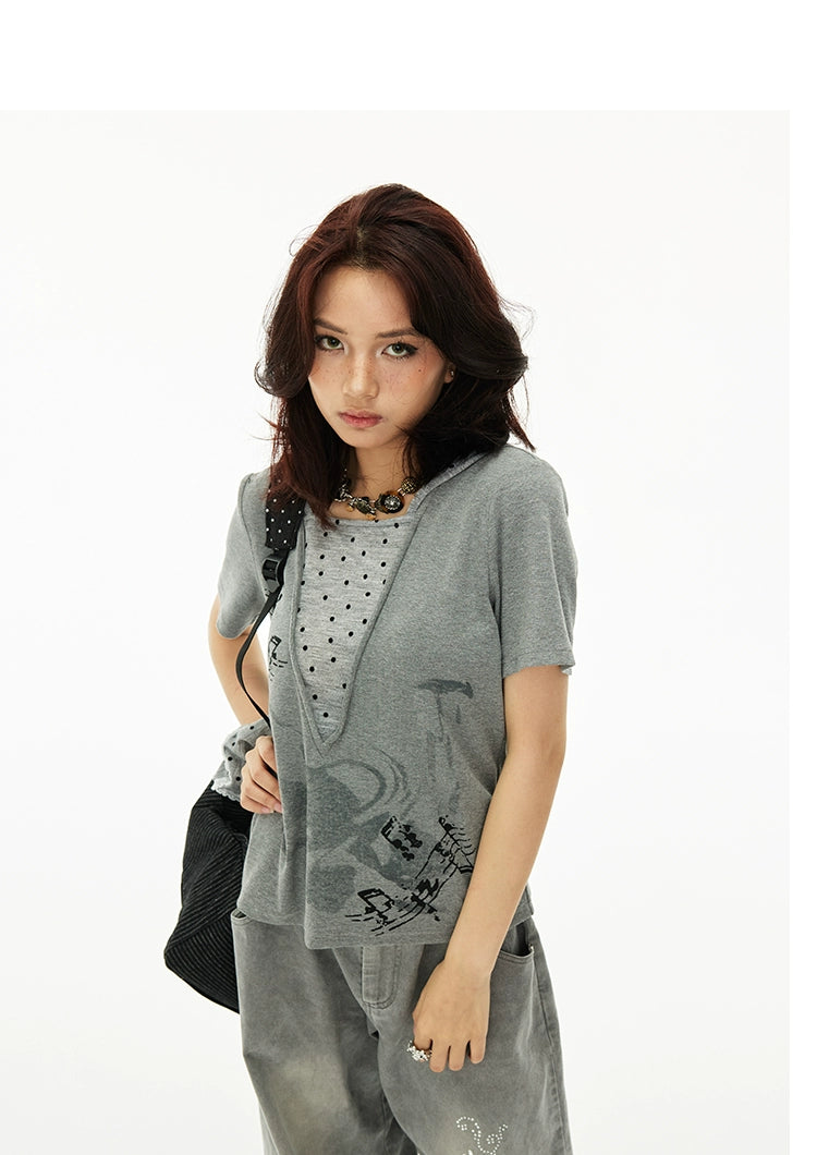 MOMSAYCAN Loose Polka Dot Fake Two-piece Hooded Short Sleeve
