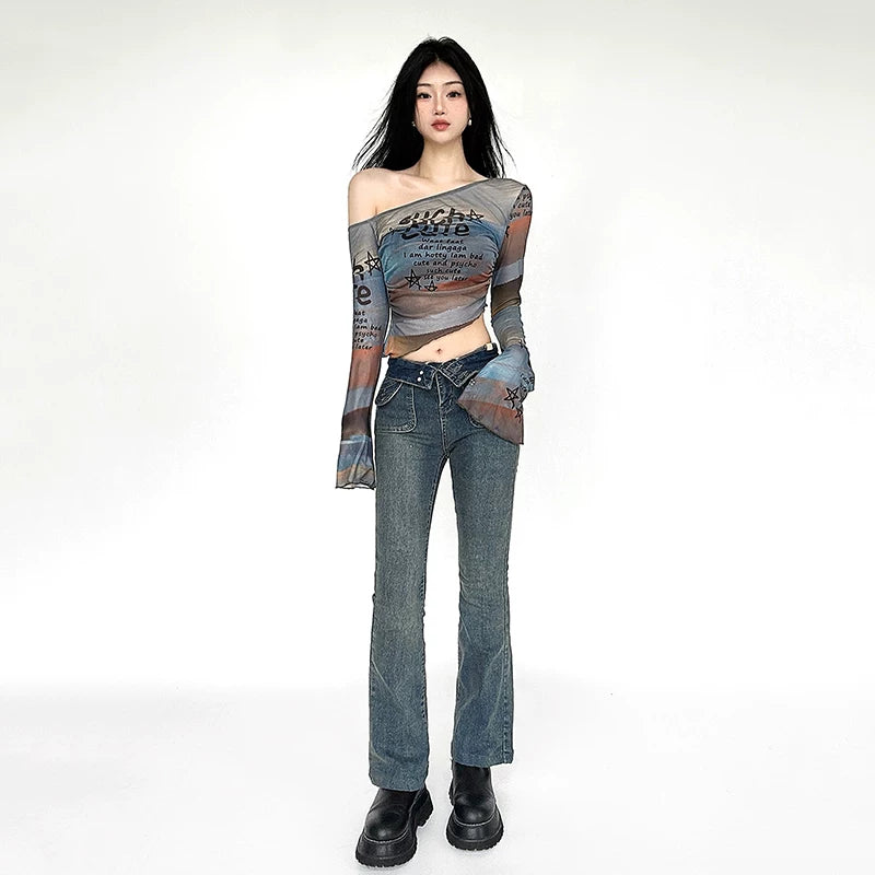 FUNOFF Smudged Letter Print Slanted Shoulder Mesh Blouse