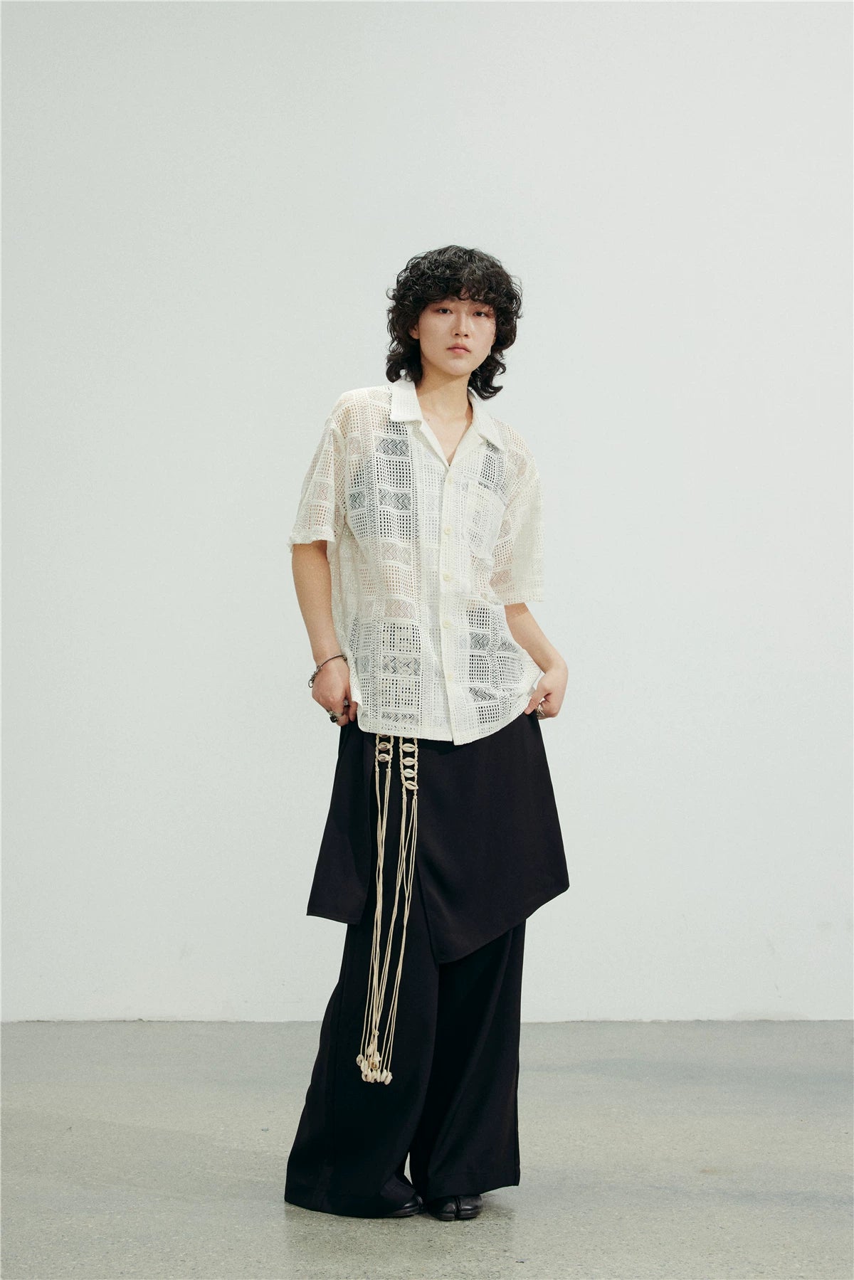 SUNYVONNE Hollow-out Sheer Casual Short-sleeve Shirt