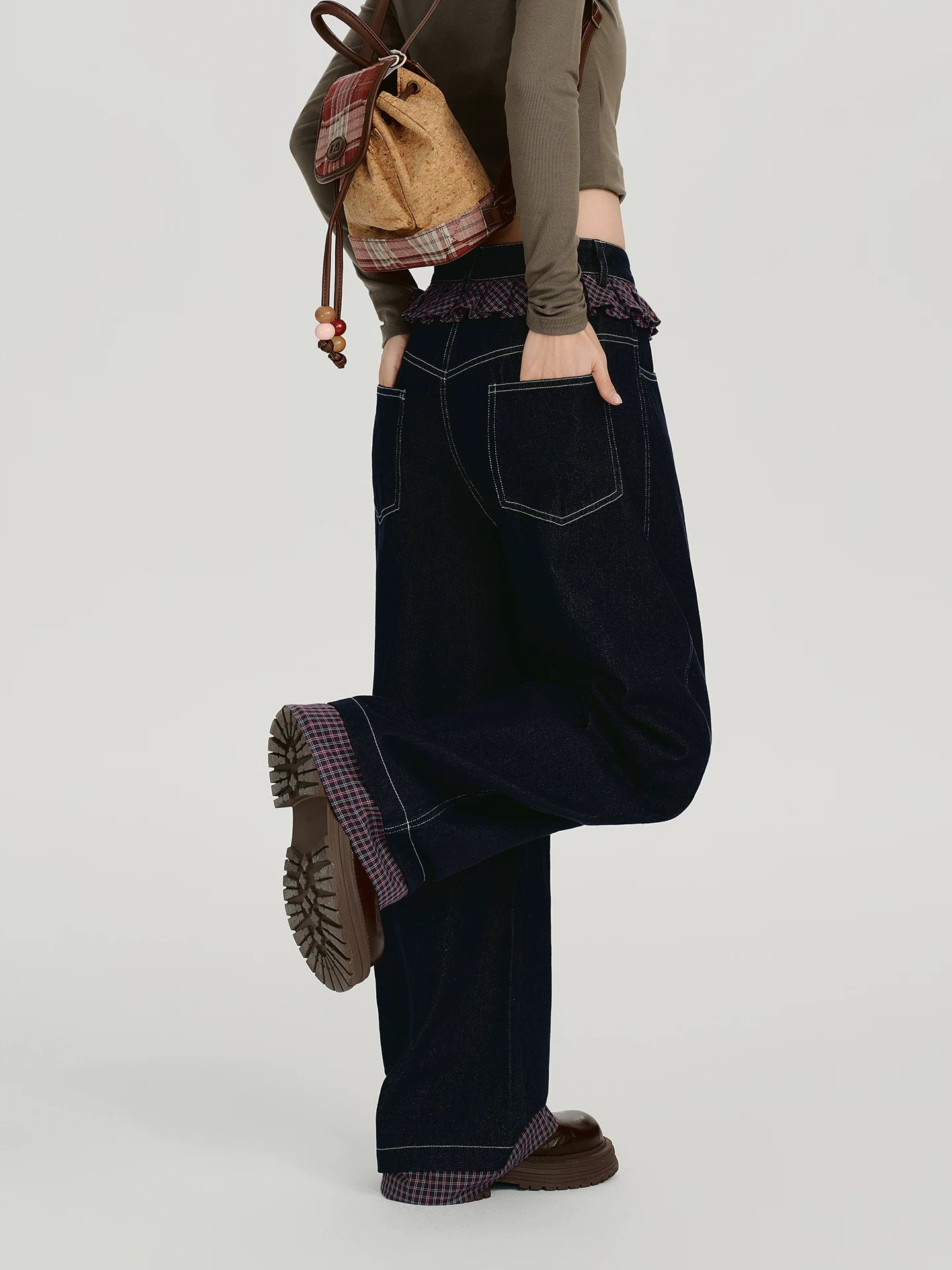 Girlyhalo Vintage Checked Lace Splicing Denim Scimitar Pants