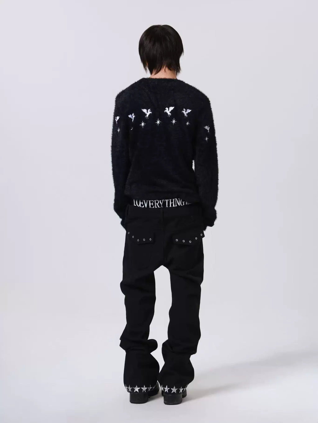 DETW Pentagram Leather Rivet Front Shoulder Crew Neck Sweater