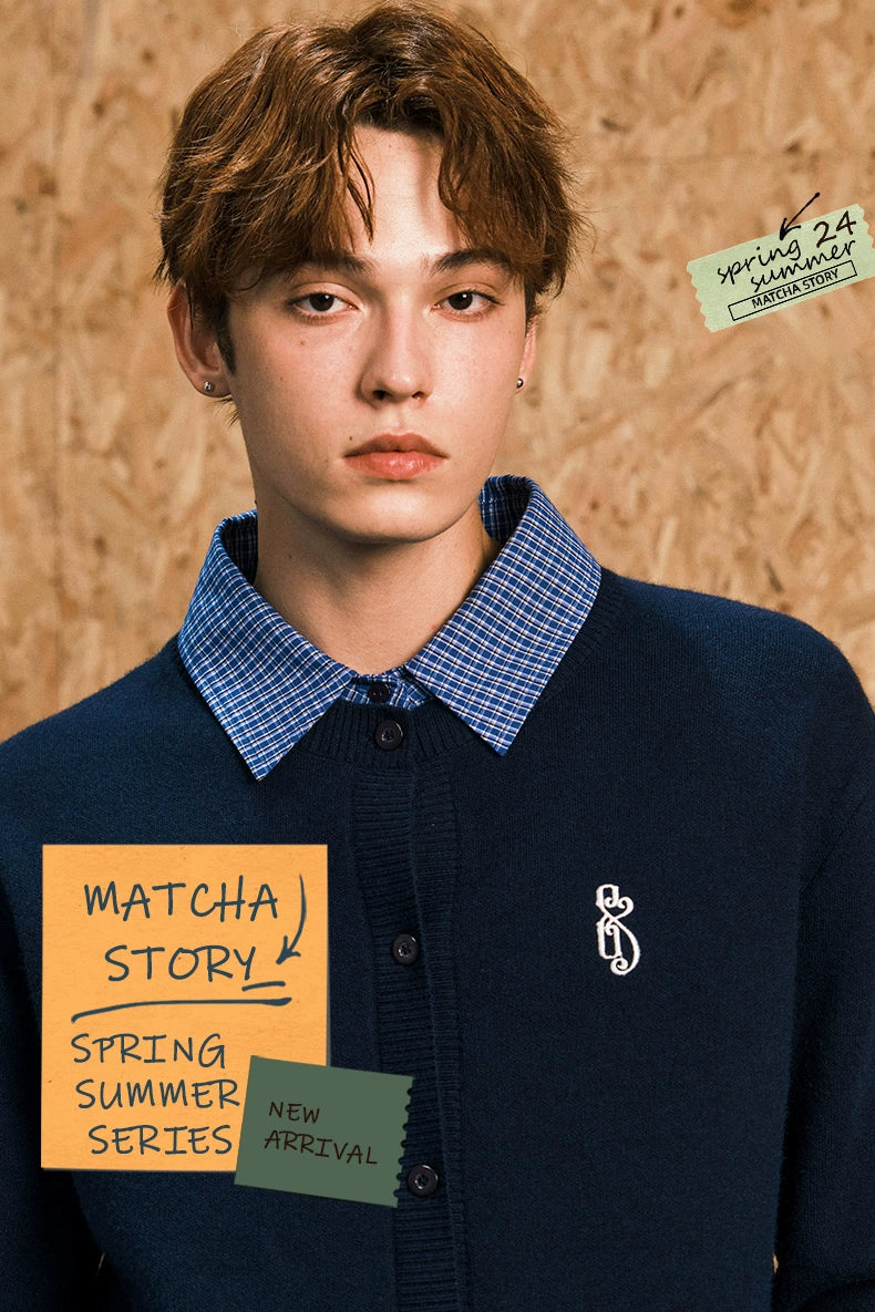MATCHA STORY Plaid Contrasting Color Splicing Fake Two-piece Cardigan Sweater