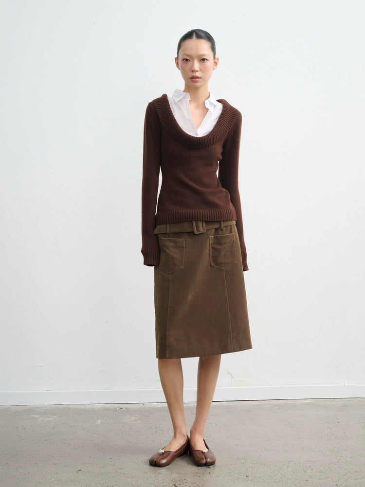 LINY LIBERTY Deep U-neck Fake Two-piece Slim-fit Knitted Sweater