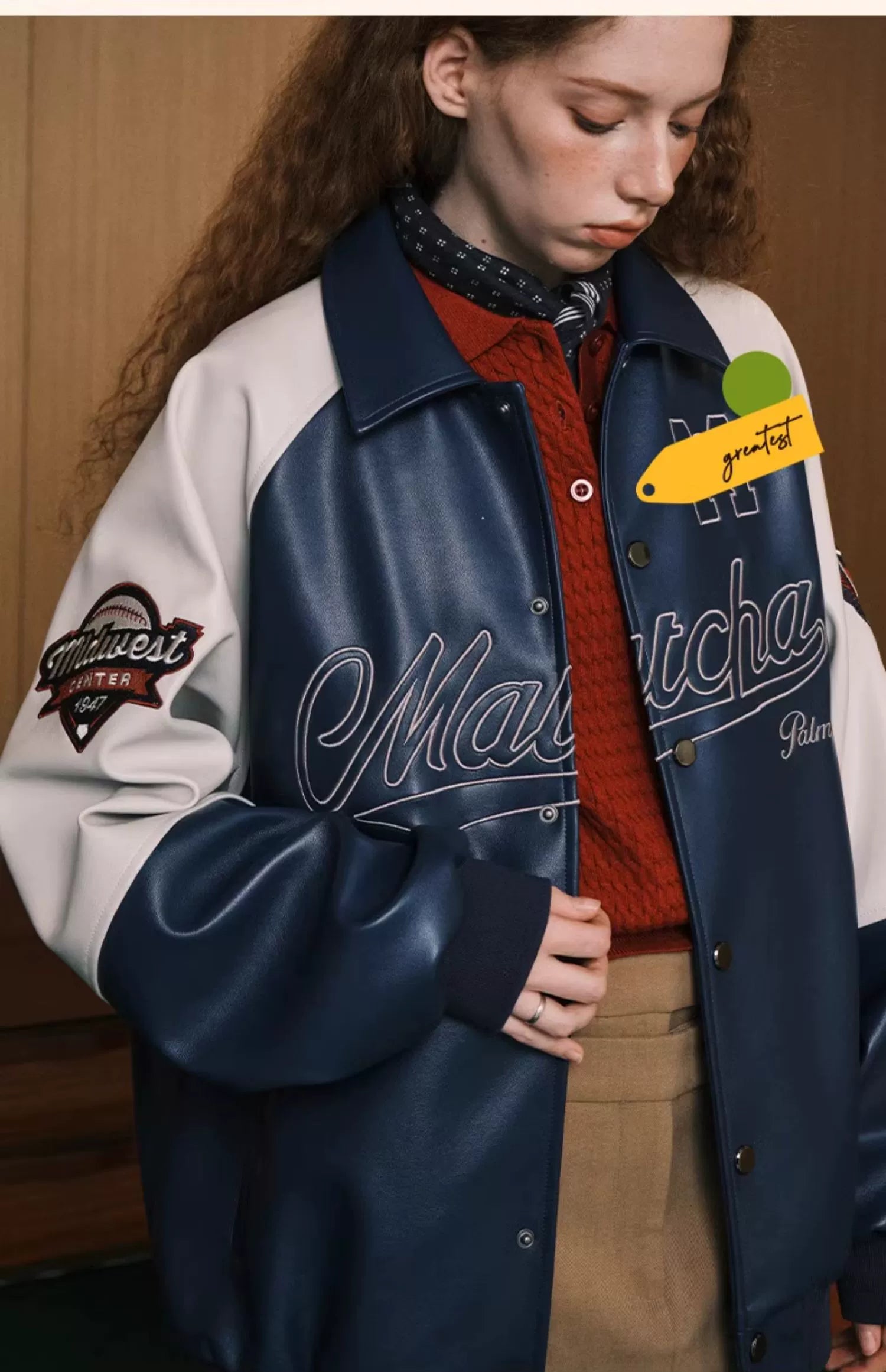 MATCHA STORY Contrast Color Splicing Retro Embroidered Lapel Leather Jacket