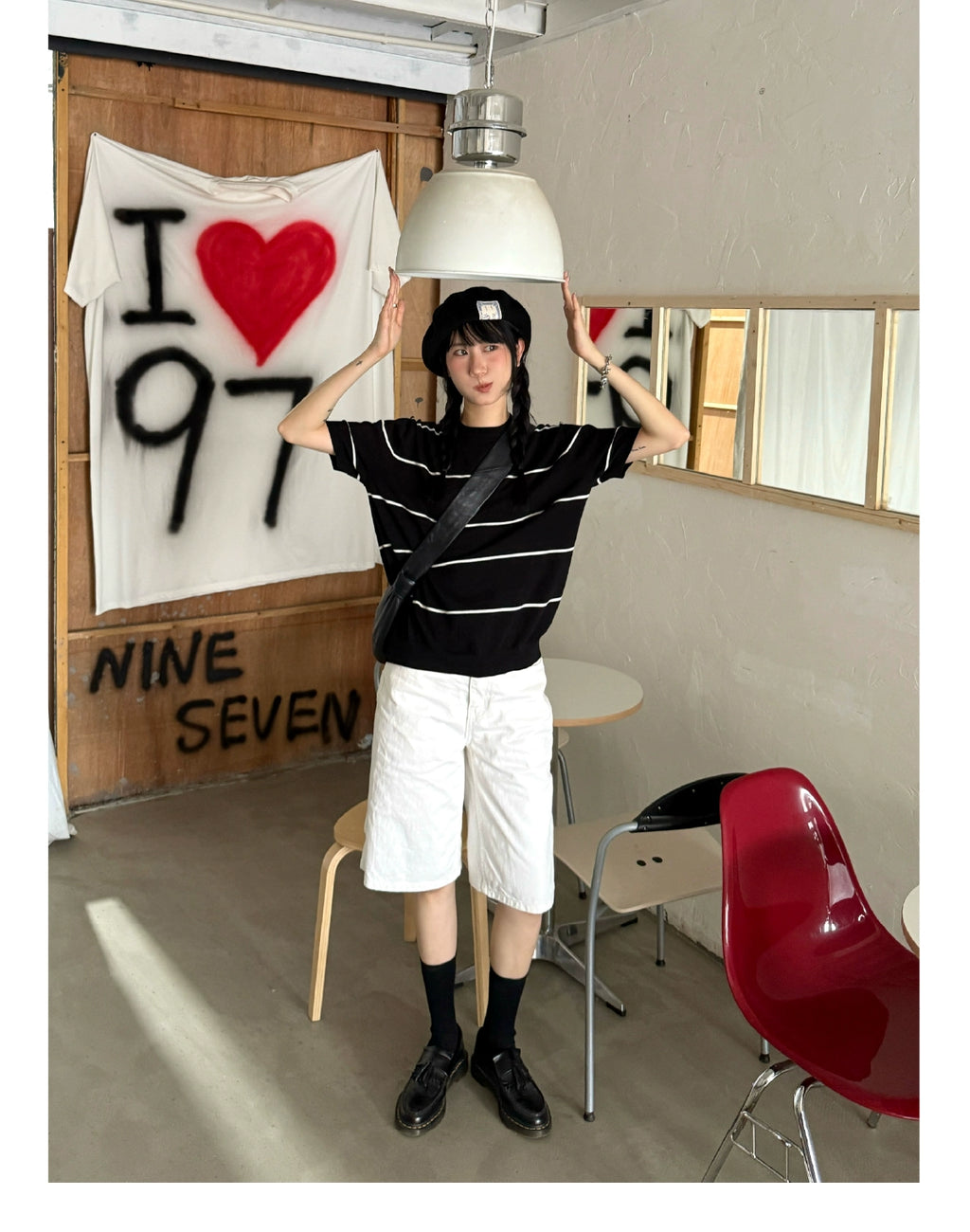 SUPERTOFU Striped Threaded Bottom Straight Shoulder Knitted Tee