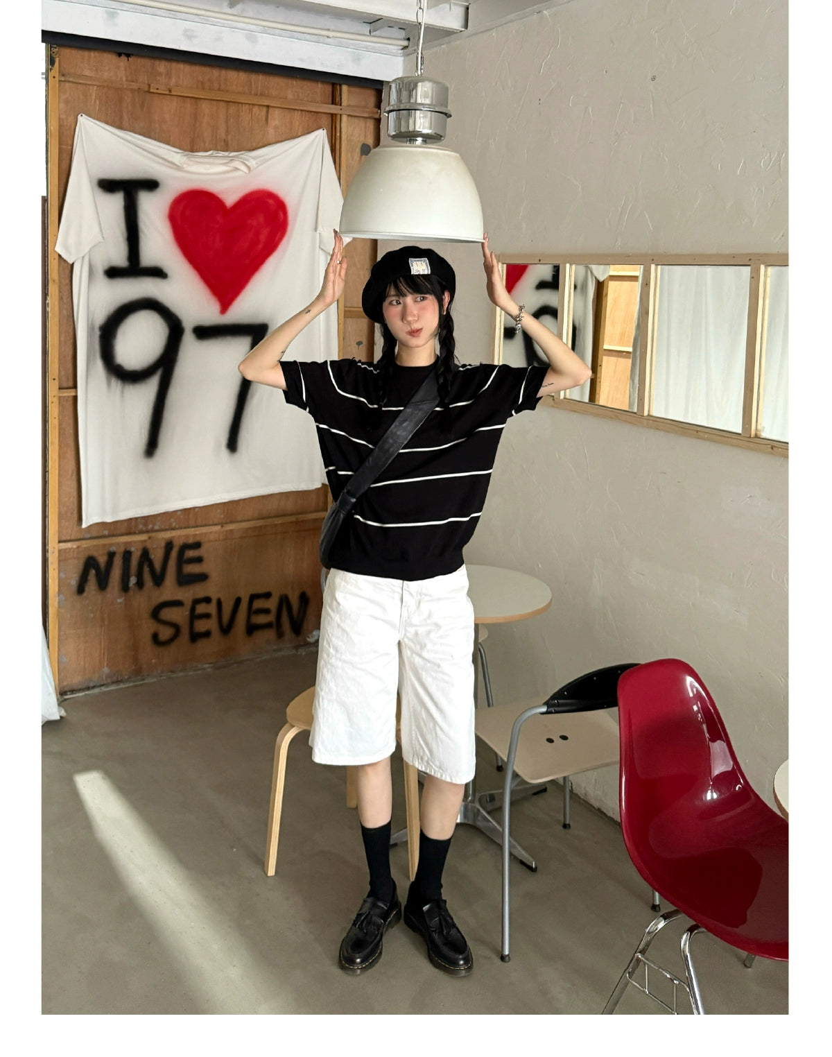 SUPERTOFU Striped Threaded Bottom Straight Shoulder Knitted Tee