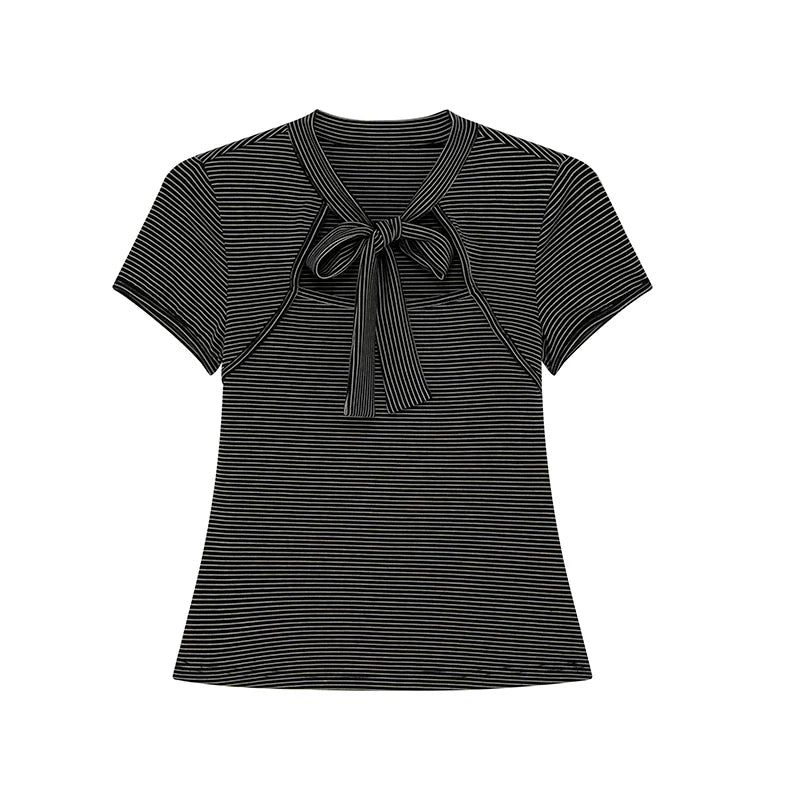 KANO Small Stand Up Collar Striped Strap Slim Fit Tee