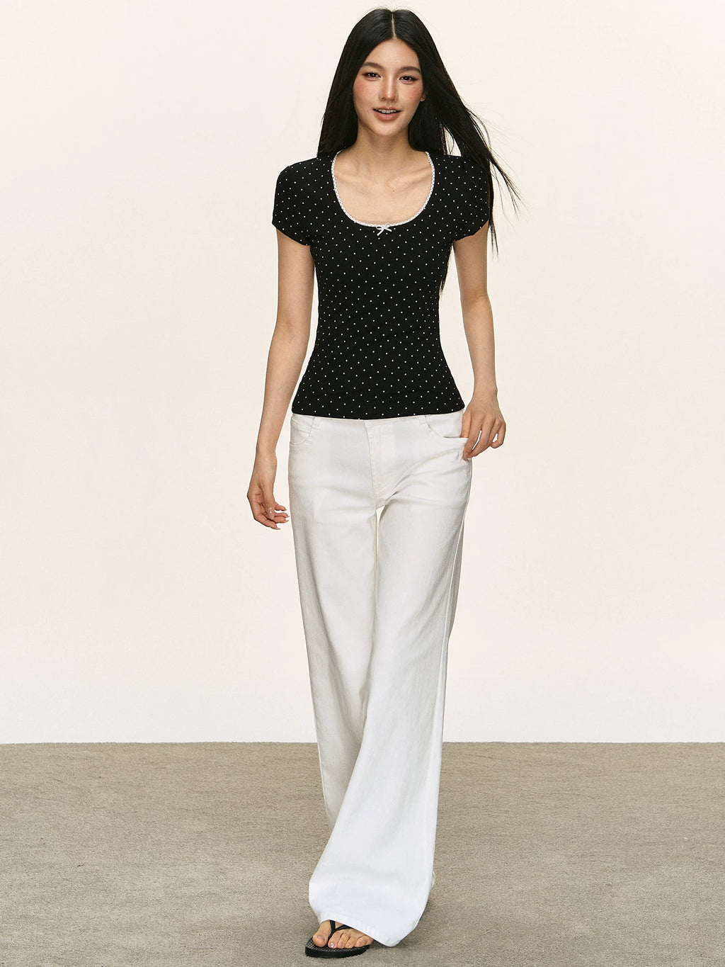 Anna Aneae Polka Dot Lace Edge Square Collar Slim  Tee