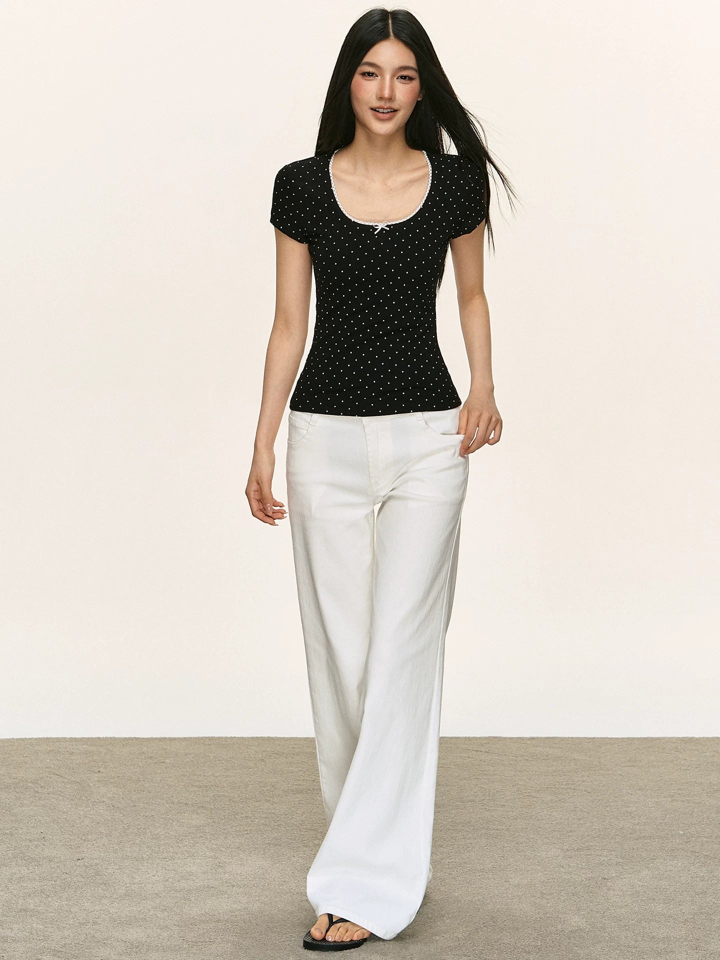 Anna Aneae Polka Dot Lace Edge Square Collar Slim  Tee