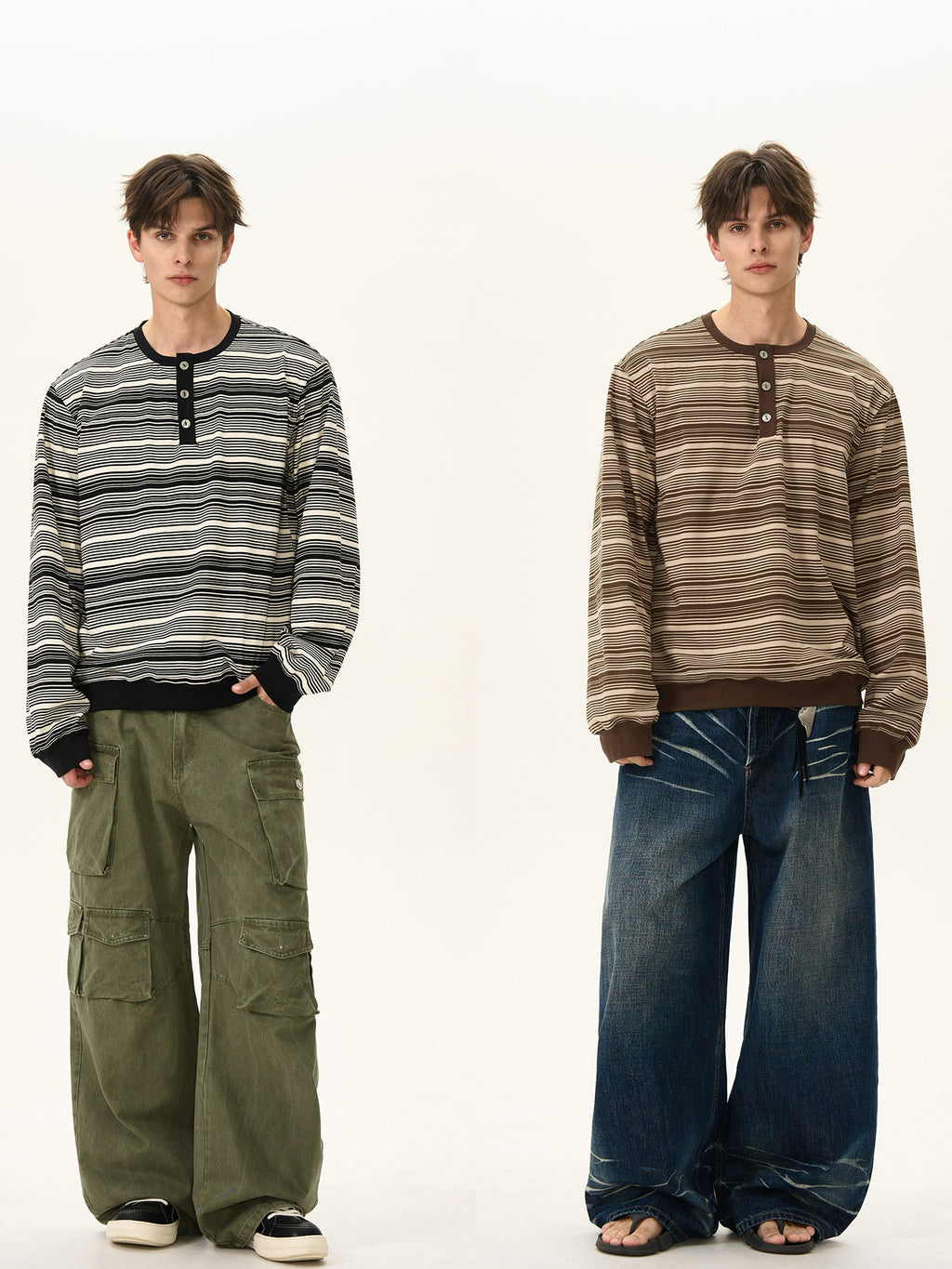 BTSG Premium Henry Neck Striped Long Sleeve Tee