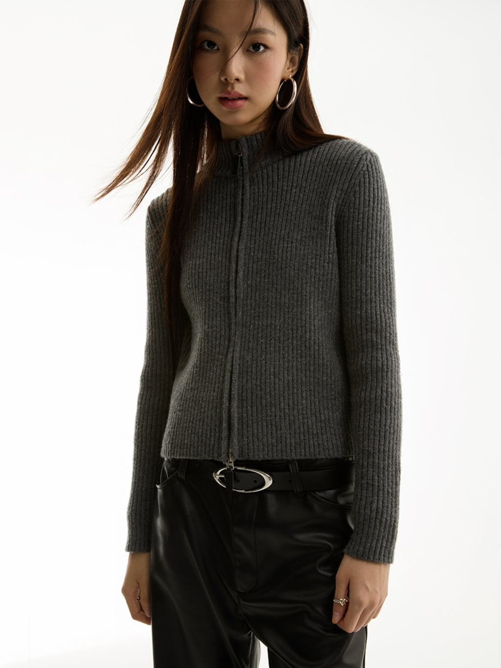 FUNKYFUN Pit Strip Texture Stand-up Collar Slim-fit Knitted Jacket