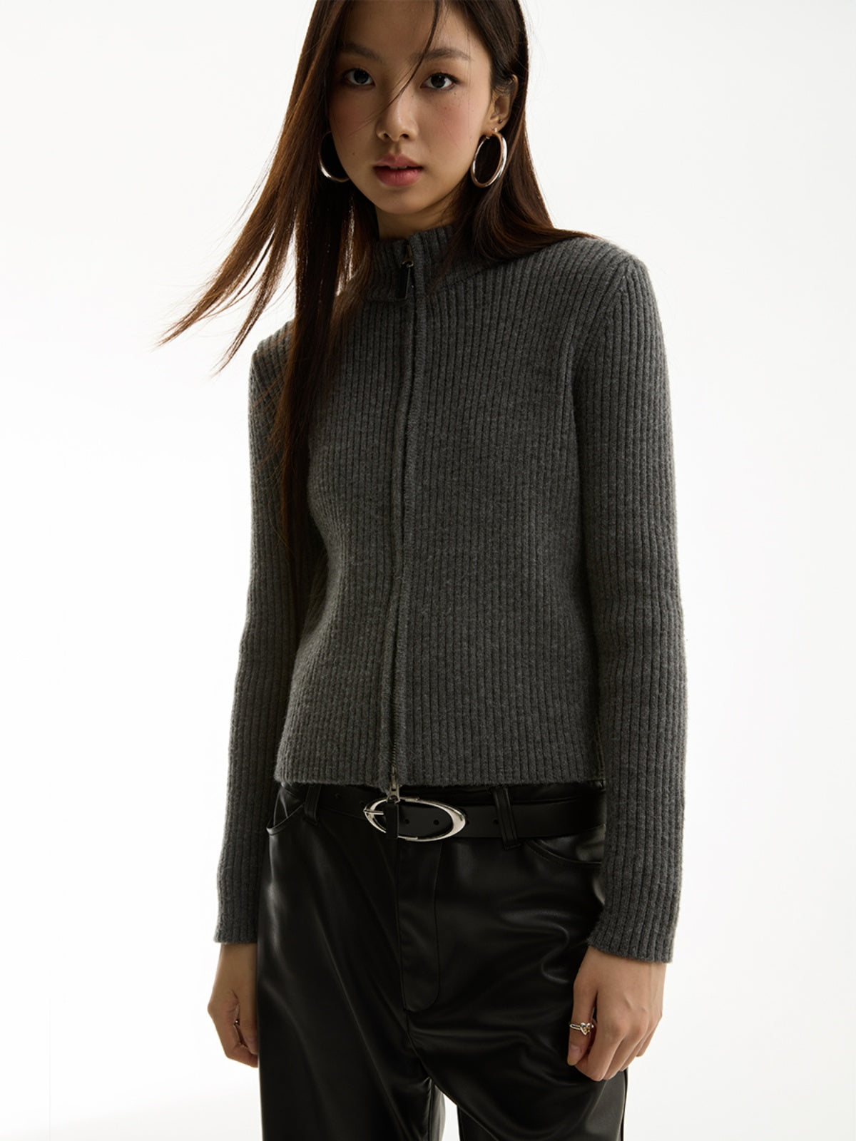 FUNKYFUN Pit Strip Texture Stand-up Collar Slim-fit Knitted Jacket