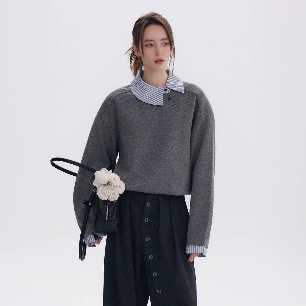 CHOR Long-sleeved Sweatshirt with Loose Stripes on Lapels