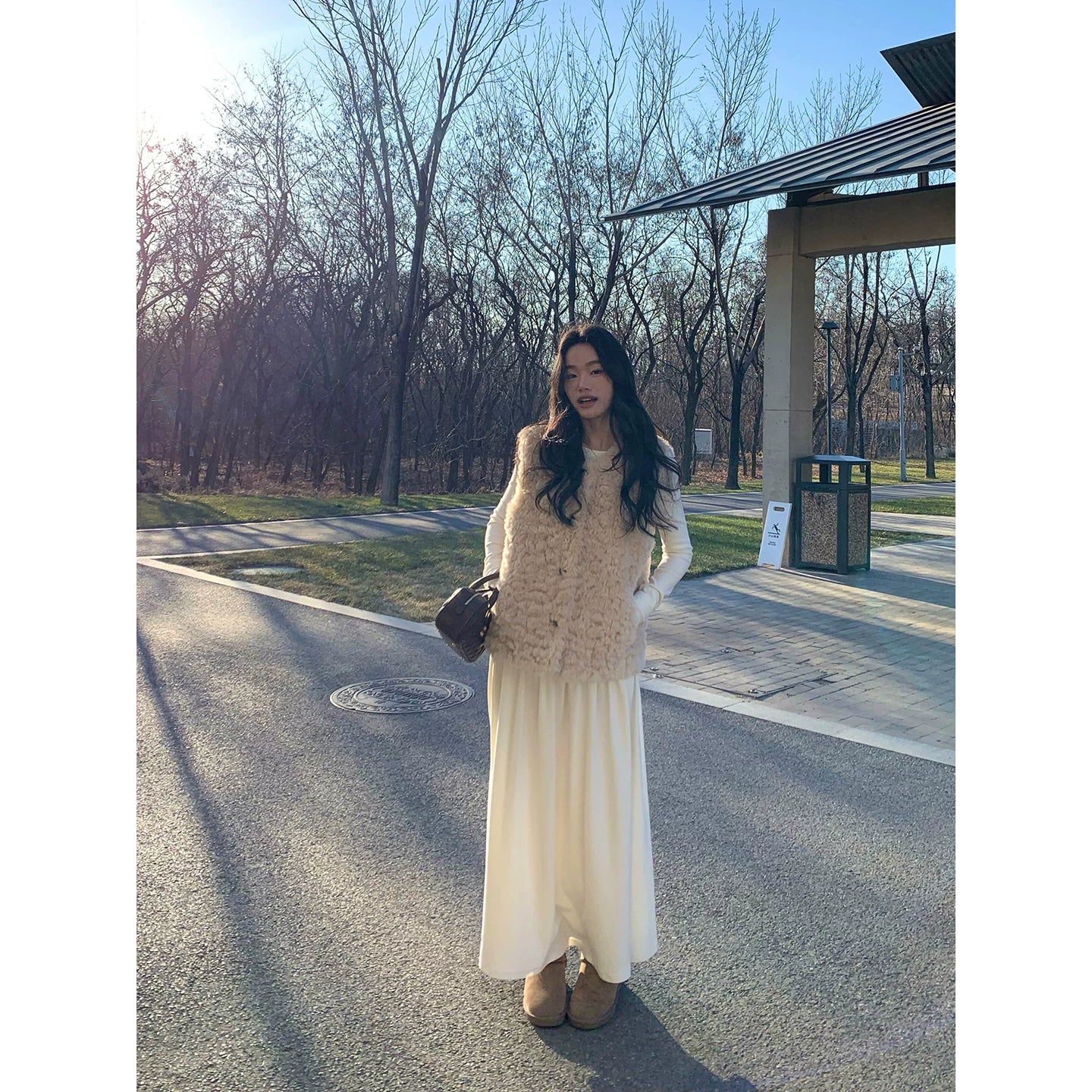 Pusumede Slim-fit Long-sleeved Knitted Sweater Pleated Drape Skirt Set