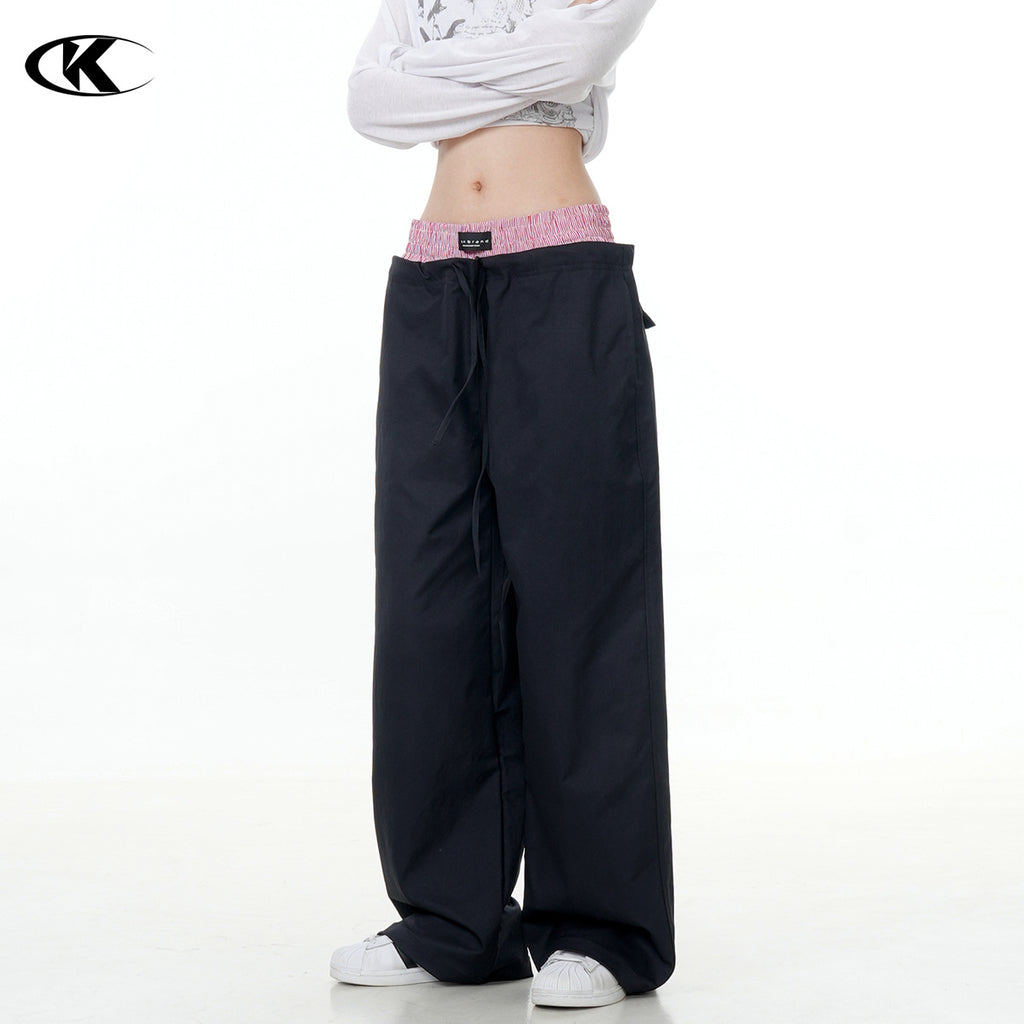 11KN double waist splicing side pocket wide leg straight Pants