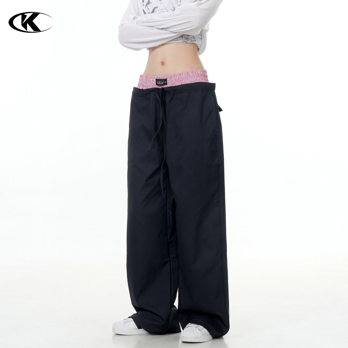 11KN double waist splicing side pocket wide leg straight Pants