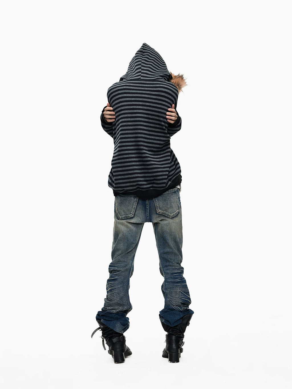 Lightinus Black and Grey Striped Fur Collar Hooded Zip Jacket