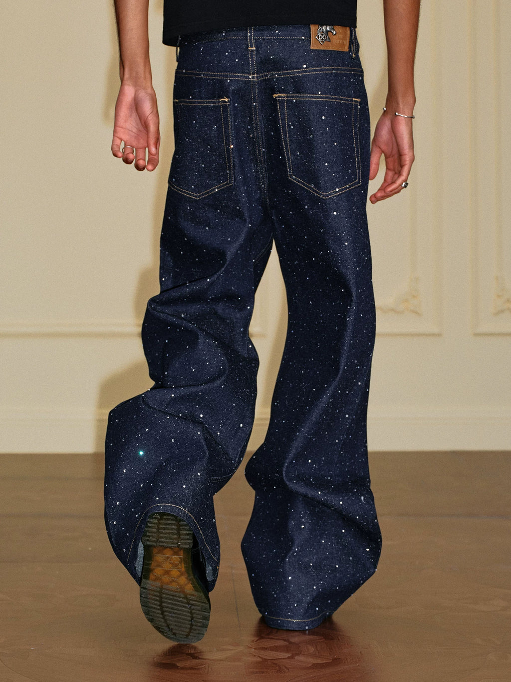 YADcrew 14oz Deep Blue Starry Glitter Wide-Leg Jeans