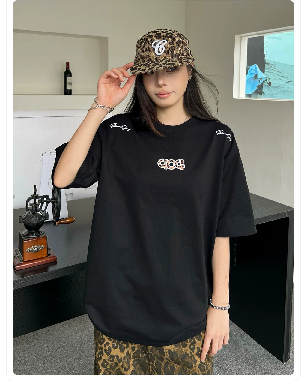 404MOB Leopard Print Alphabet Embroidered Round Neck Versatile Tee