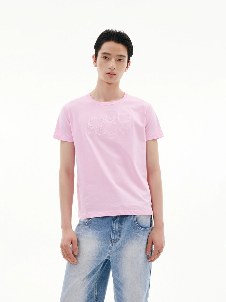 FUNKYFUN Picture Frame Same Color Three-dimensional Embroidery Loose Front Shoulder Tee