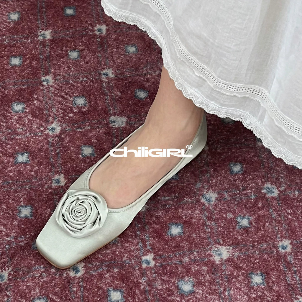 CHILIGIRL Flat Bottom Square Head Flower Decorative Single Shoes