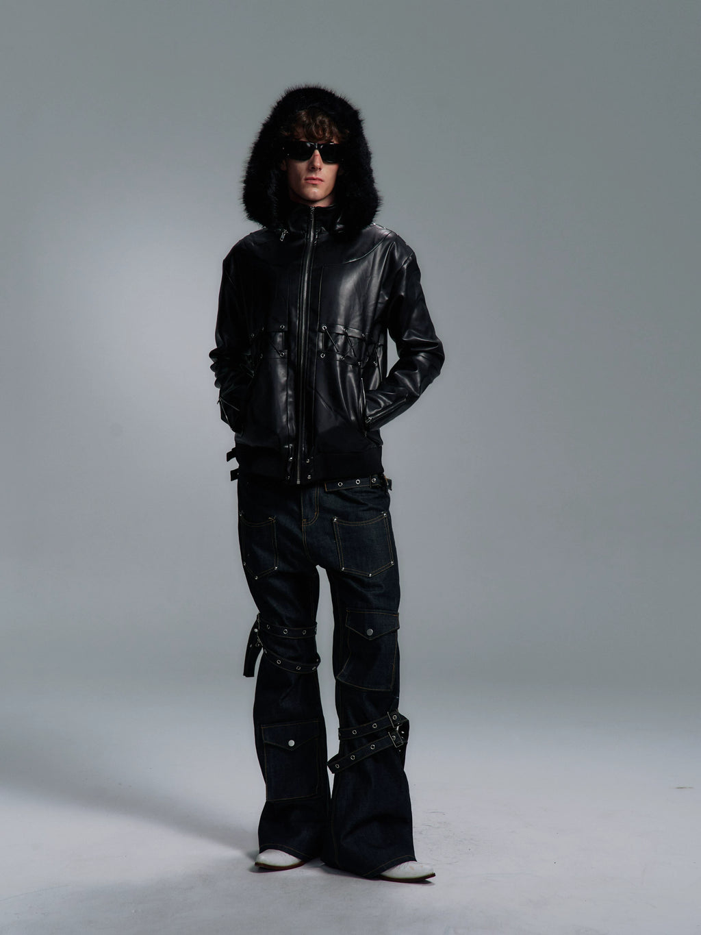PAIKI Cross Strap-on Leather Jacket Sweater Collar Jacket