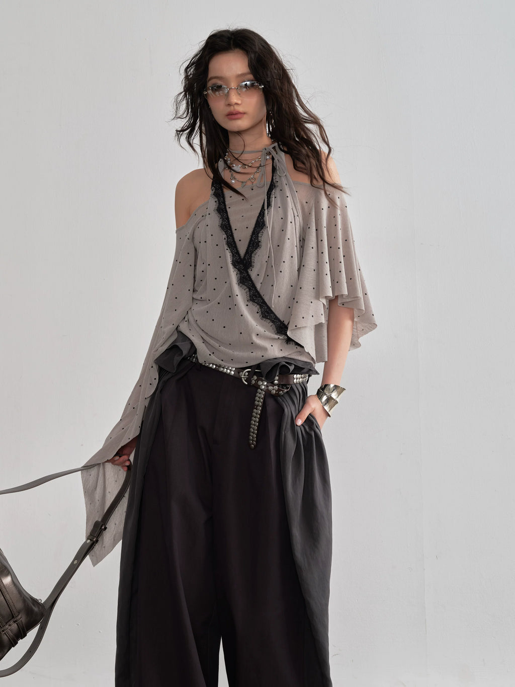 JNYLON Retro Asymmetrical Shawl Sleeve Neck Polka Dot Tee