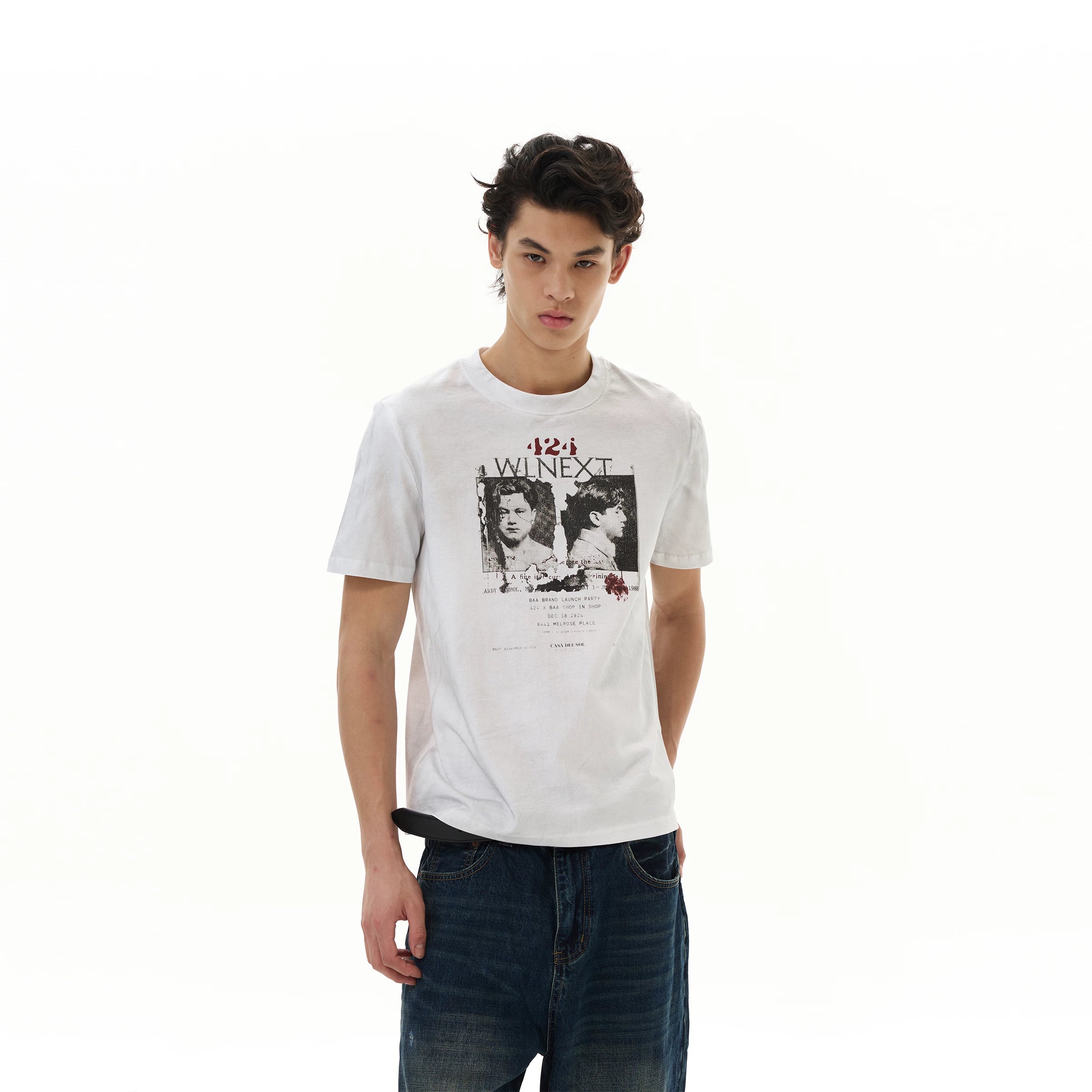 WLNEXT Retro Front Shoulder Doing Old Casual Tee